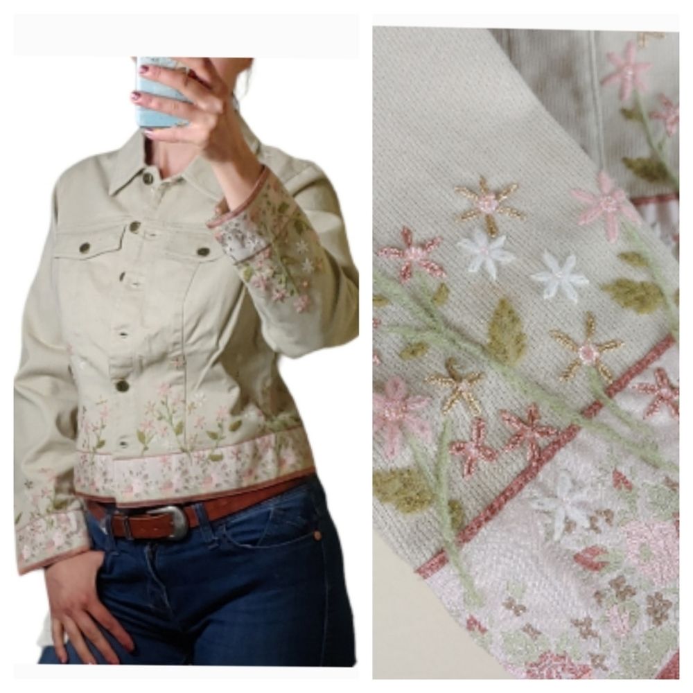 Susan Bristol Embroidery Corduroy Beige Floral Spring Trucker Jacket